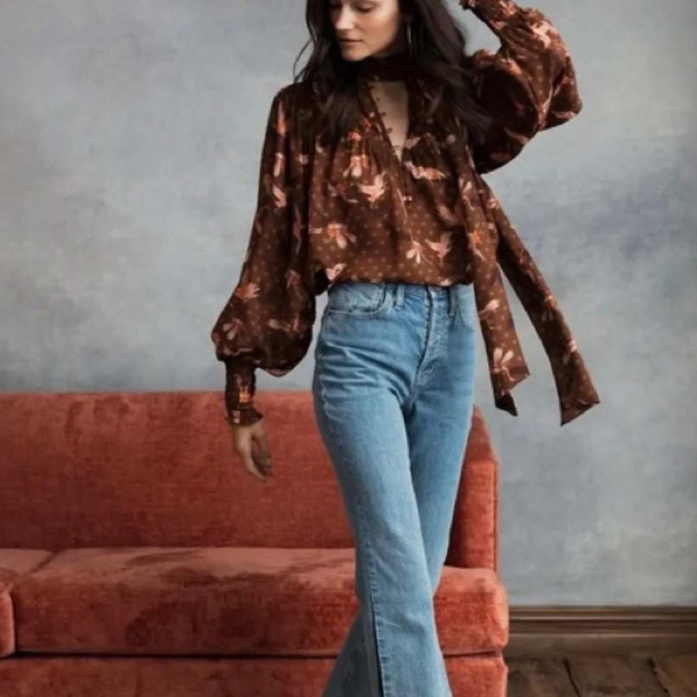 Happy x Nature by Kate Hudson Bird Print Swing Victorian Blouse Brown Large